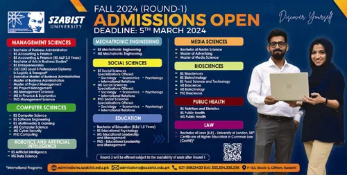 admission announcement of Shaheed Zulfiqar Ali Bhutto Institute Of Science & Technology