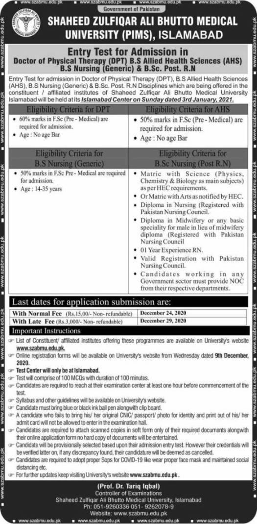 admission announcement of Shaheed Zulfiqar Ali Bhutto Medical University, Pims