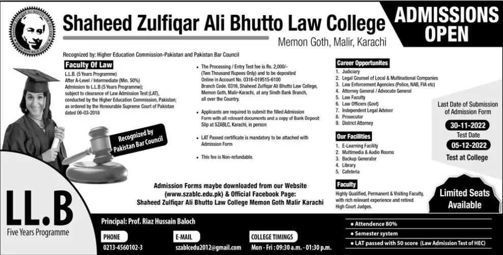 admission announcement of Shaheed Zulfiqar Ali Bhutto Law College
