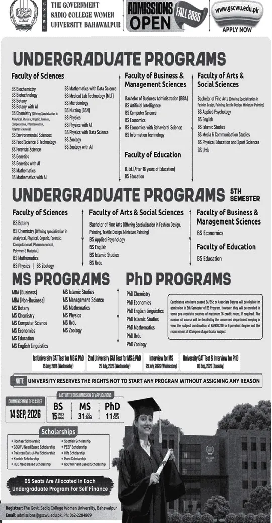 admission announcement of The Government Sadiq College Women University