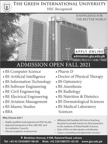 admission announcement of Green International University