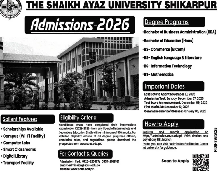 admission announcement of The Shaikh Ayaz University