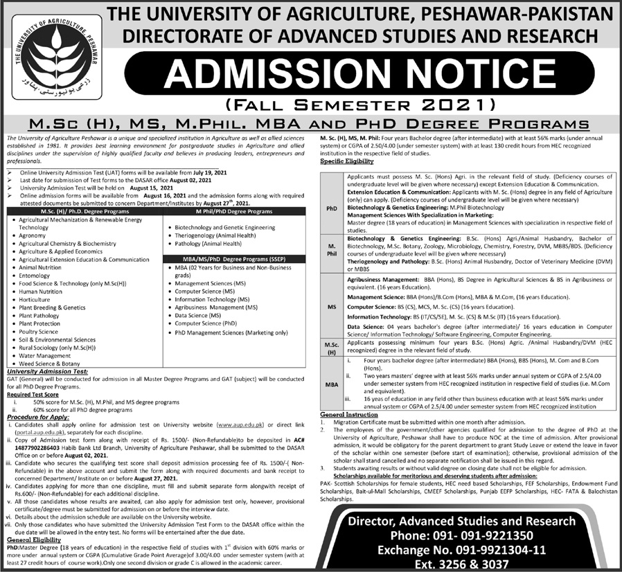 admission announcement of The University Of Agriculture