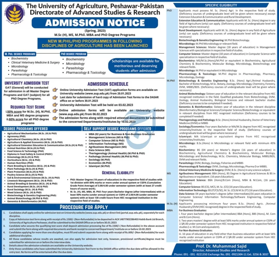 admission announcement of The University Of Agriculture