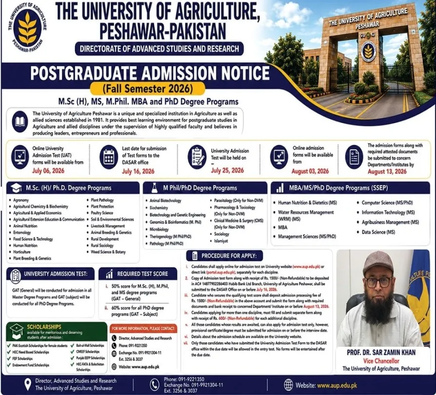 admission announcement of The University Of Agriculture