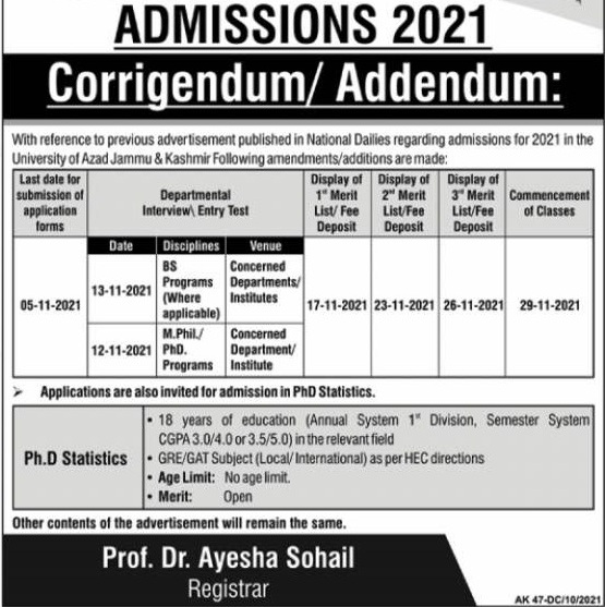 admission announcement of University Of Azad Jammu & Kashmir