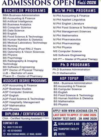 admission announcement of The University Of Chenab