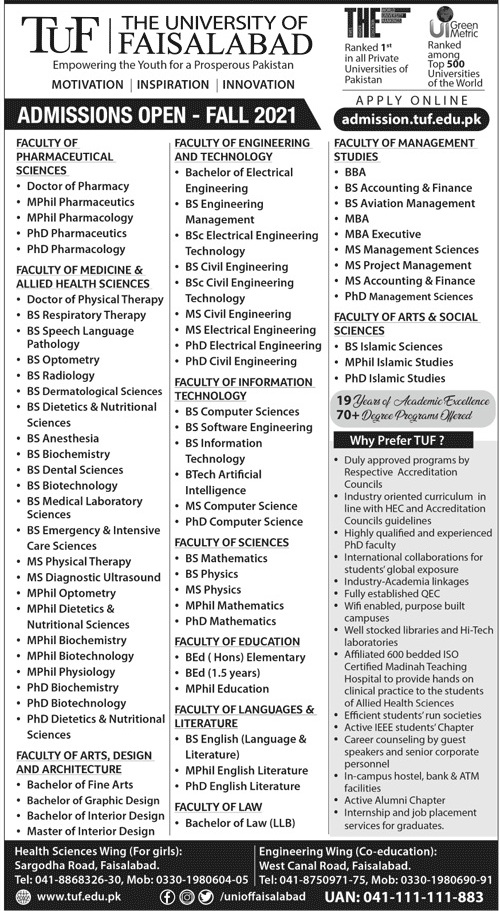 admission announcement of The University Of Faisalabad