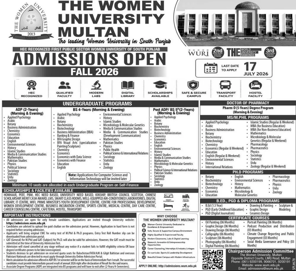 admission announcement of The Women University