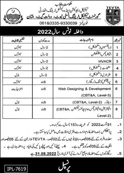 admission announcement of Government Technical Training Institute, Daulat Gate