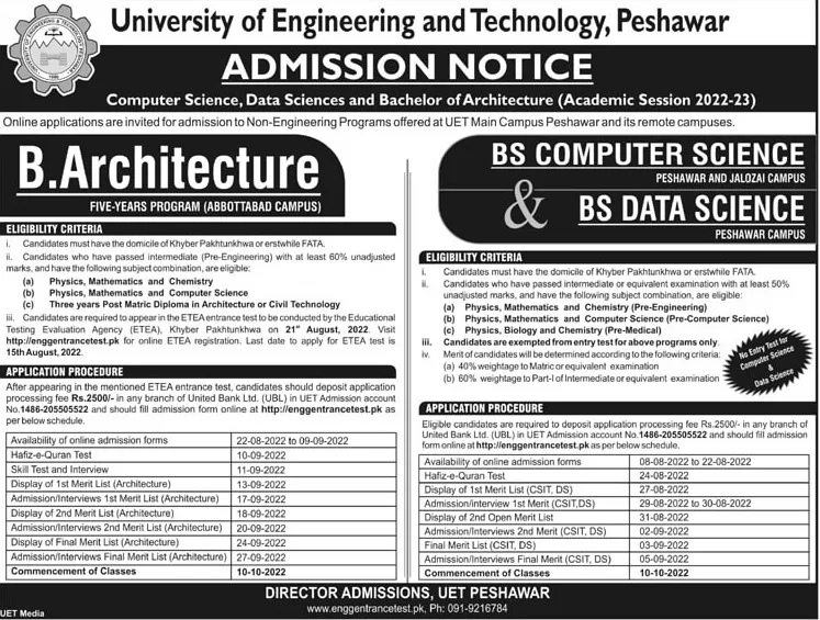 admission announcement of University Of Engineering & Technology Peshawar ( Jalozai Campus )