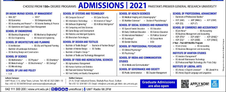 admission announcement of University Of Management And Technology, Sialkot Campus