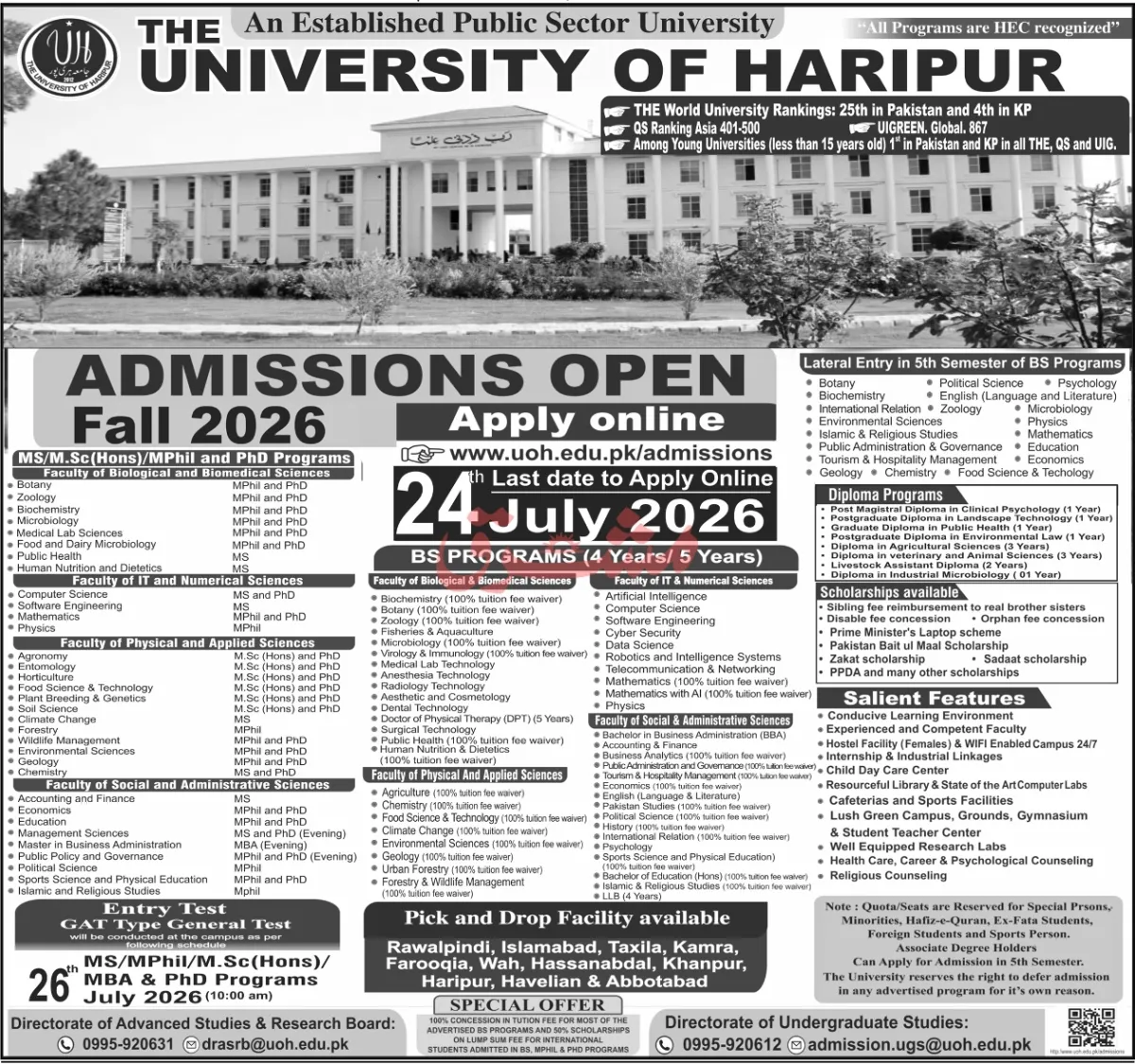 admission announcement of University Of Haripur