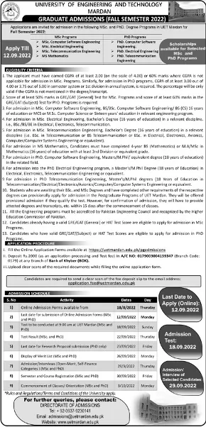 admission announcement of University Of Engineering & Technology ( Mardan Campus )