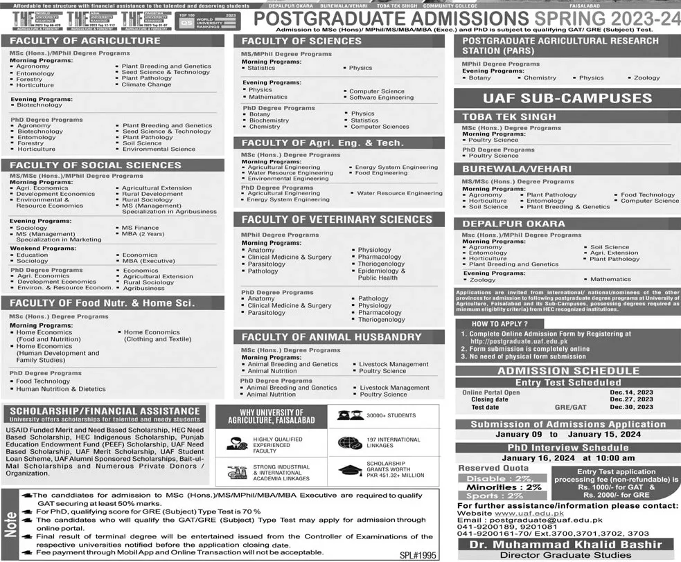admission announcement of University Of Agriculture