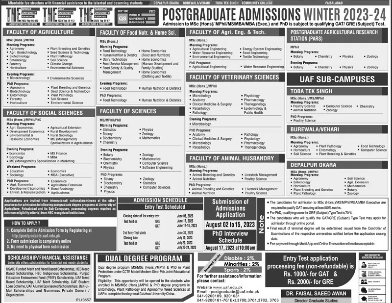 admission announcement of University Of Agriculture Faisalabad[sub Campus]
