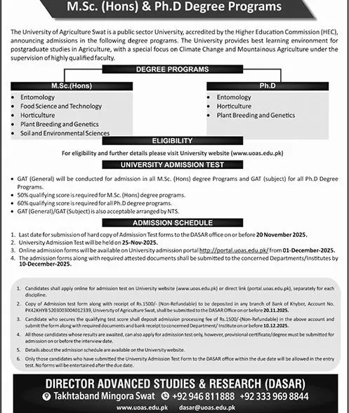 admission announcement of The University Of Agriculture, Swat