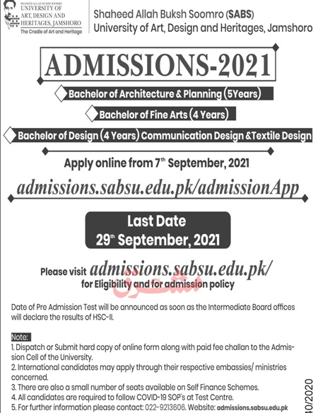 admission announcement of Shaheed Allah Buksh Soomro University Of Art, Design And Heritages