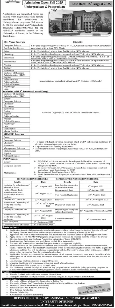 admission announcement of The University Of Buner