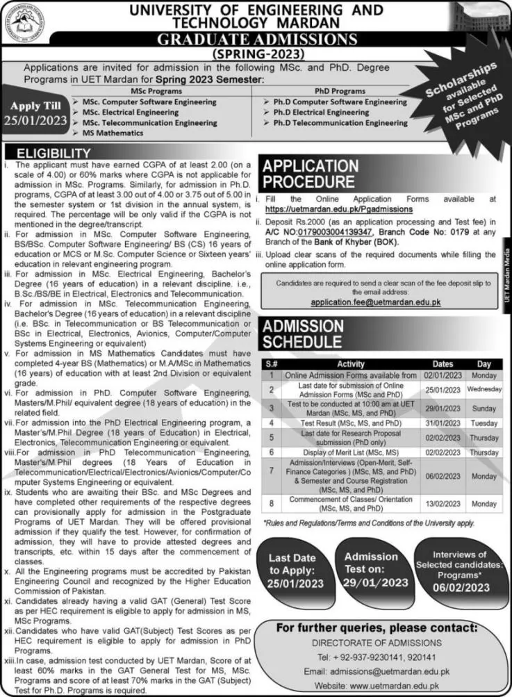 admission announcement of University Of Engineering & Technology ( Mardan Campus )