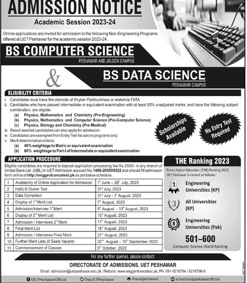 admission announcement of University Of Engineering & Technology, Peshawar