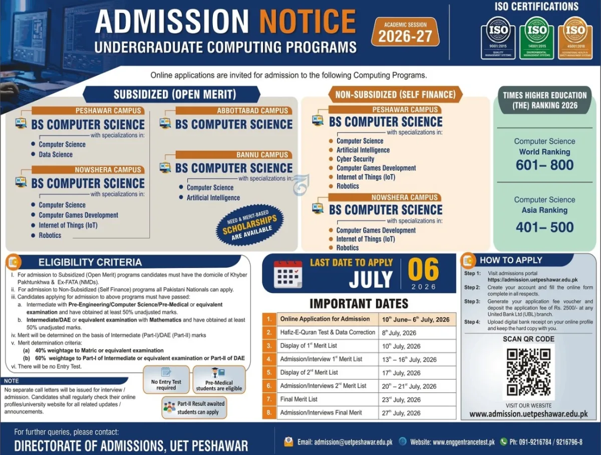 admission announcement of University Of Engineering & Technology, Peshawar