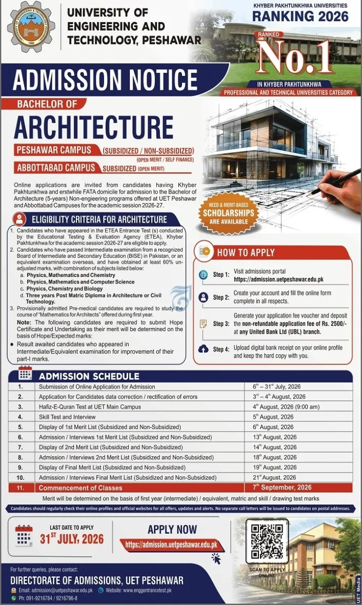 admission announcement of University Of Engineering & Technology ( Abbotabad Campus )
