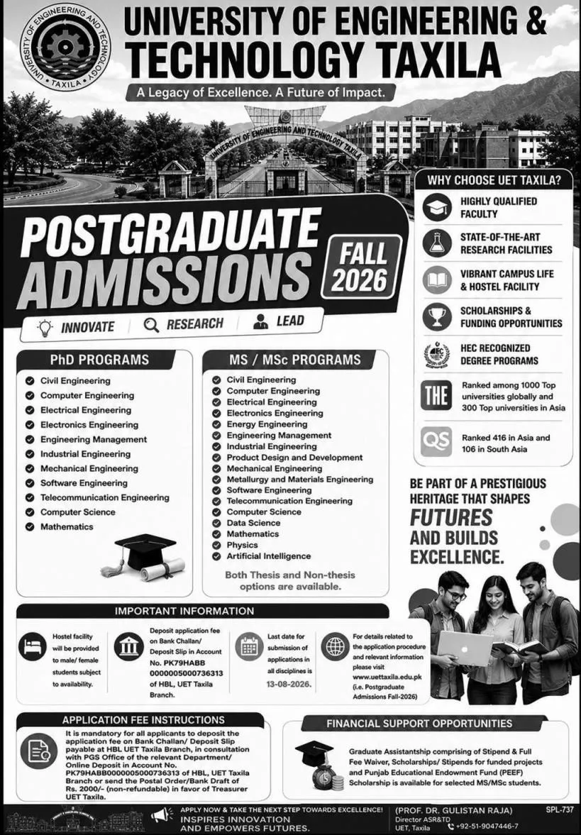 admission announcement of University Of Engineering & Technology, Taxila