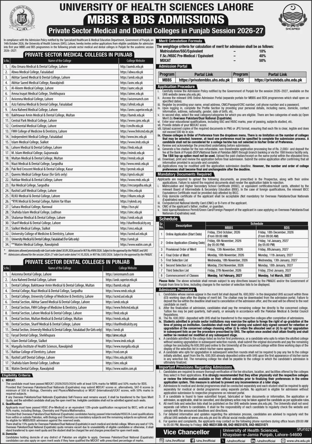 admission announcement of Queen Medical College For Girls