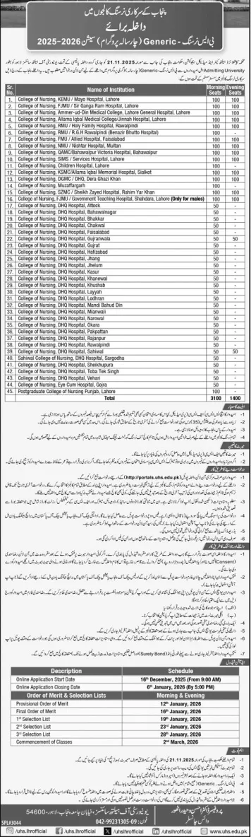 admission announcement of General Nursing School, D H Q Hospital