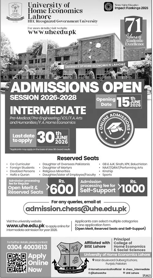 admission announcement of University Of Home Economics