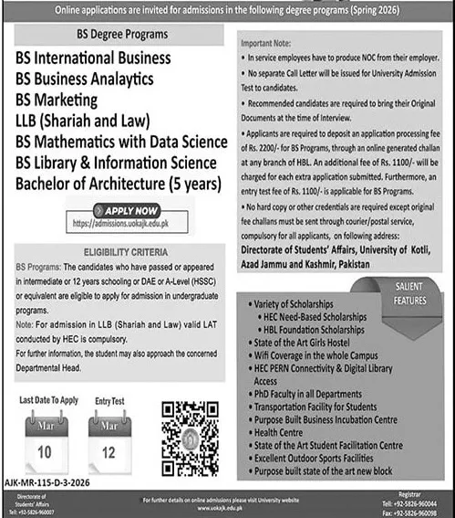 admission announcement of University Of Kotli