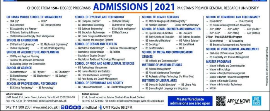 admission announcement of University Of Management And Technology