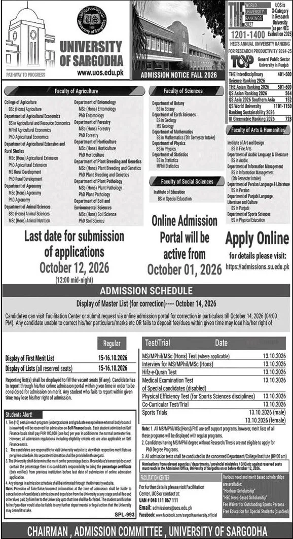 admission announcement of University Of Sargodha