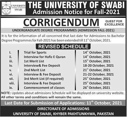 admission announcement of University Of Swabi