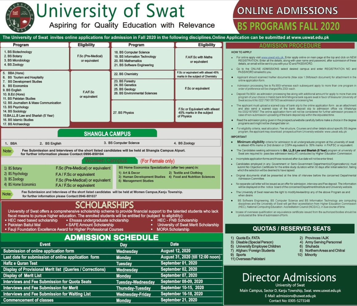 admission announcement of University Of Swat