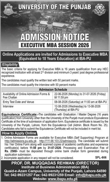 admission announcement of University Of The Punjab