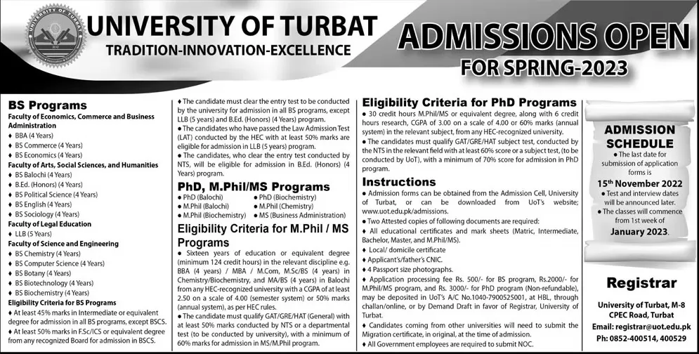University Of Turbat UOT BS Admission 2023