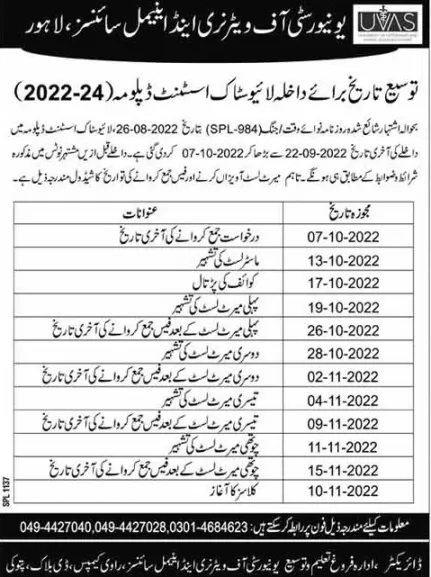 UVAS Pattoki Admission 2022 for Diploam and Certificates after Matric  Programs