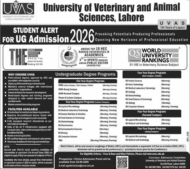 admission announcement of College Of Veterinary And Animal Sciences