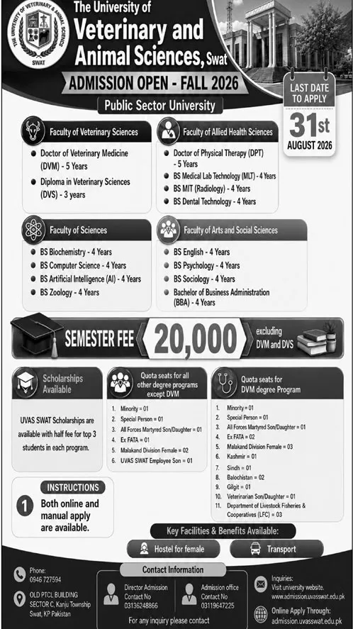 admission announcement of The University Of Veterinary & Animal Sciences