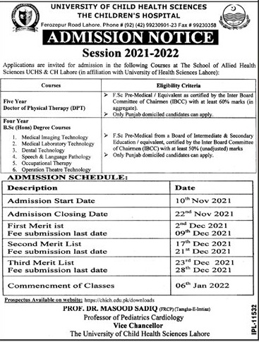 admission announcement of The Childrens Hospital & The Institute Of Child Health