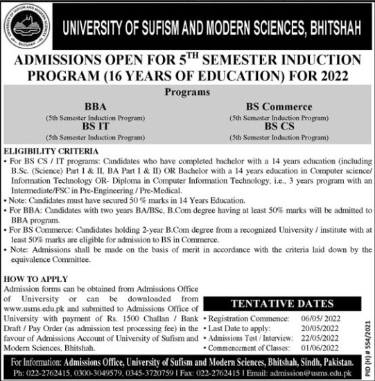 admission announcement of The University Of Sufism  And Modern Sciences