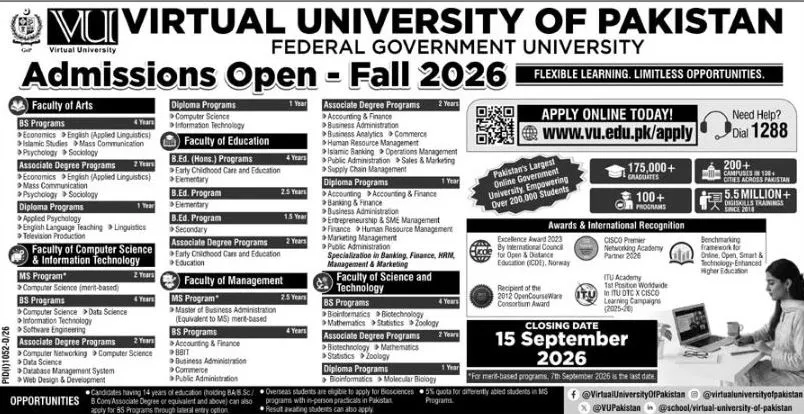 admission announcement of Virtual University Of Pakistan