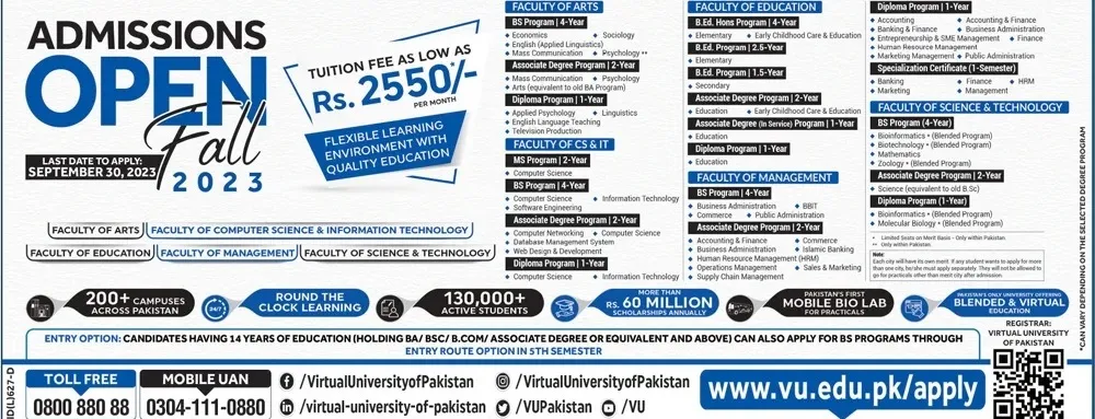 admission announcement of Virtual University Of Pakistan