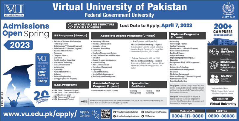 admission announcement of Virtual University Of Pakistan