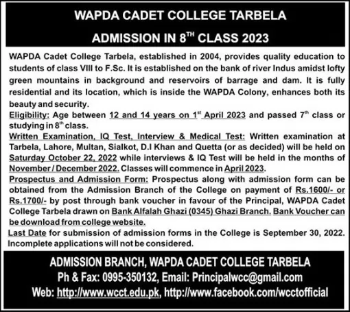 admission announcement of Wapda College Tarbela