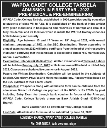 admission announcement of Wapda College Tarbela