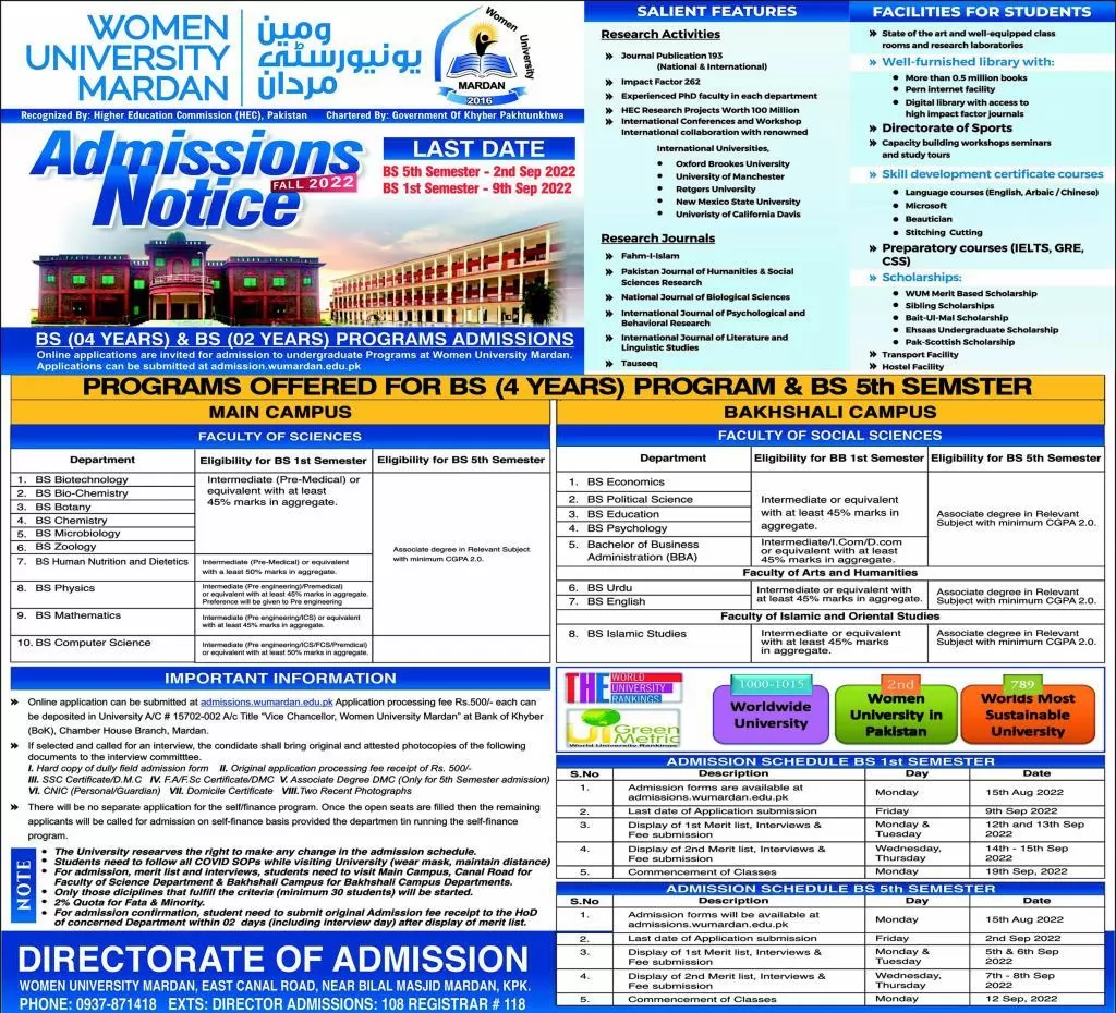 admission announcement of Women University Mardan