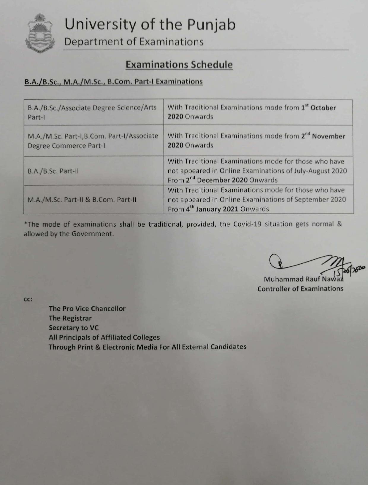 Punjab University PU announces BA BSc MA MSc exams schedule 2020